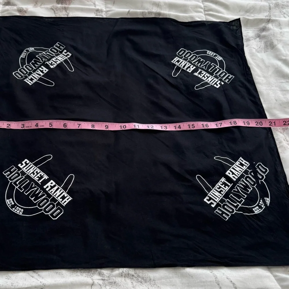 Sunset Ranch Hollywood Black Bandana with White logo Print, size 21x21 cotton